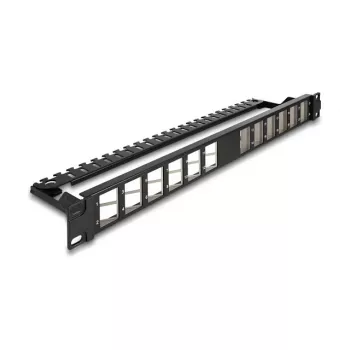 DELOCK 19 inch Keystone Patch Panel 24 prievadų kampinis su įtempimo sumažinimu, 1U, juodas, 482,6×125,5×44,2 mm