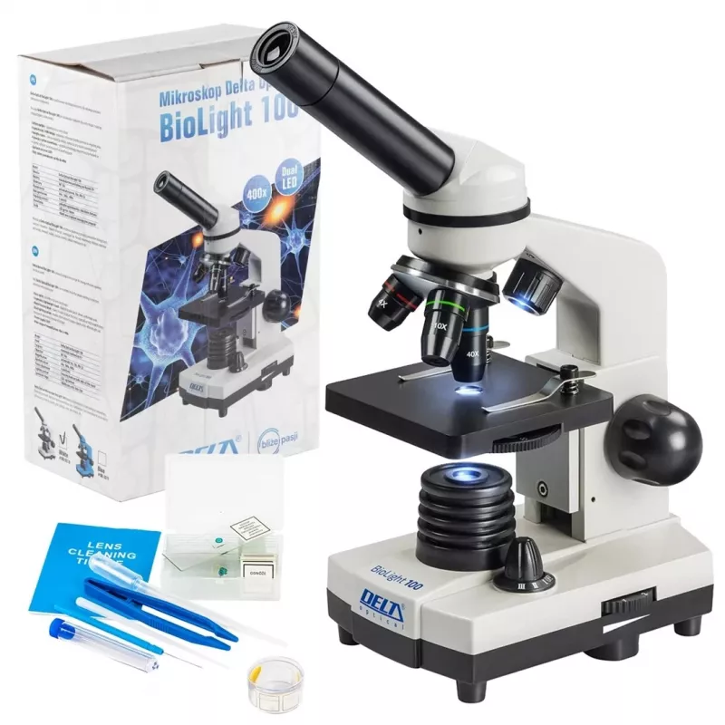 Sudėtinis optinis mikroskopas Deltaoptical DO-3210 — monokuliarinis, 3 achromatiniai objektyvai, LED apšvietimas, 40–400×, 45° palinkusi sukama galvutė