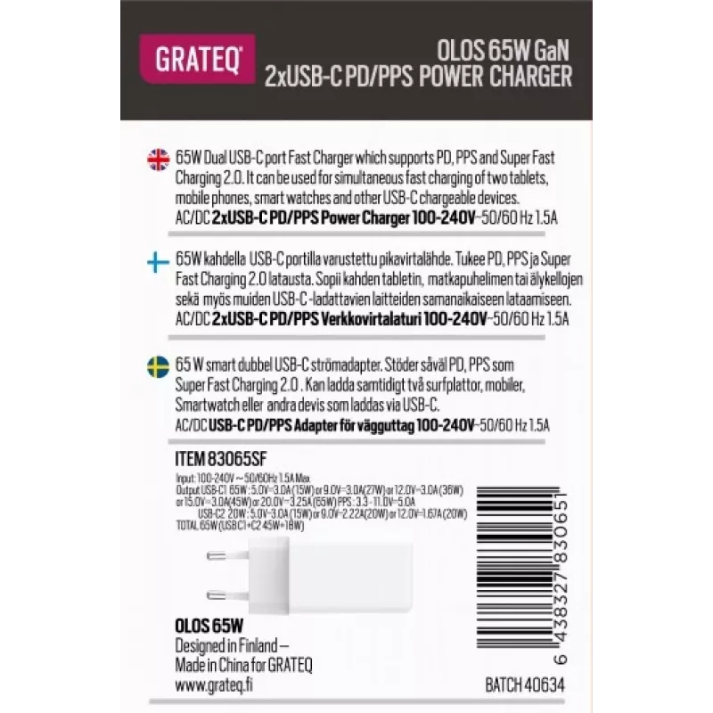 Kroviklis GRATEQ OLOS PD/PPS 2xUSB-C 65W greito įkrovimo maitinimo adapteris 35W