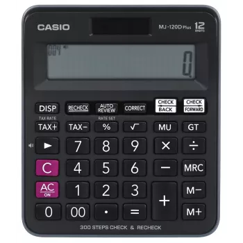 Stalinis skaičiuotuvas CASIO MJ-120D PLUS — pagrindinis 12 skaitmenų, baterija/saulės energija, 35 klavišai, mokesčių ir kvadratinė šaknis, juodas