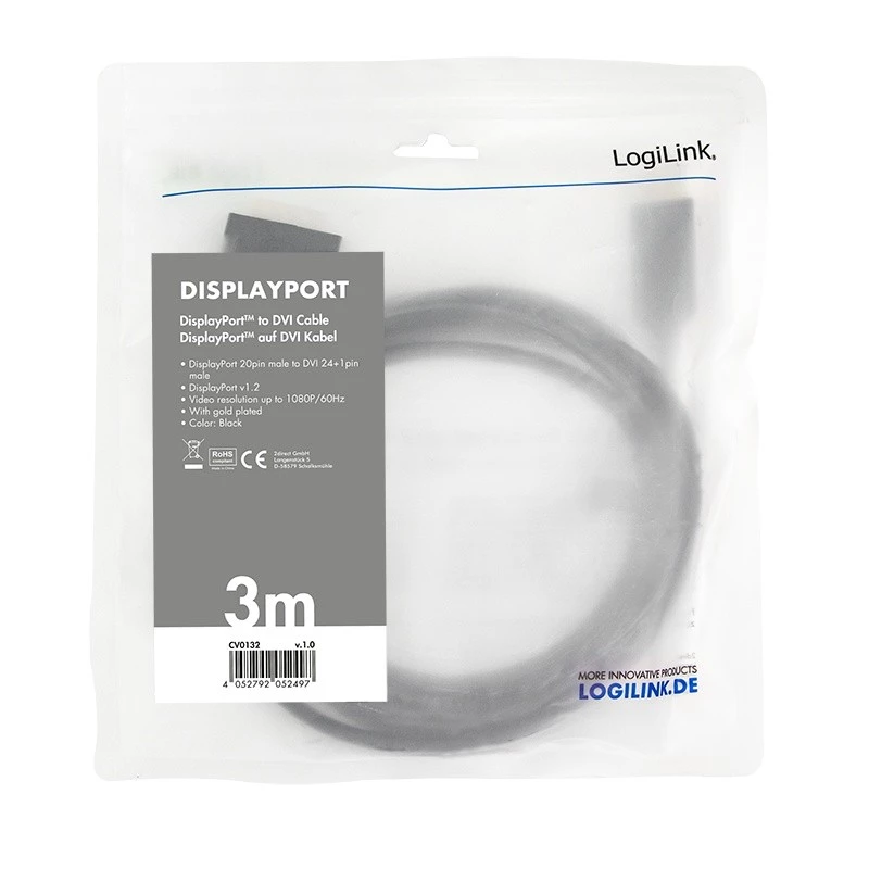 Vaizdo kabelio adapteris LogiLink CV0132 DisplayPort į DVI 3 m juodas