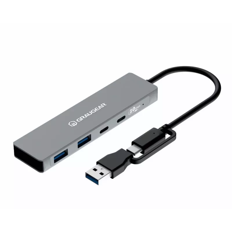 USB šakotuvas GrauGear G-HUB2C2A-10G — 4 prievadų USB 3.2 Gen 1 (2x Type-C, 2x Type-A), 10 Gbit/s, 100 W, aliuminis, pilkas