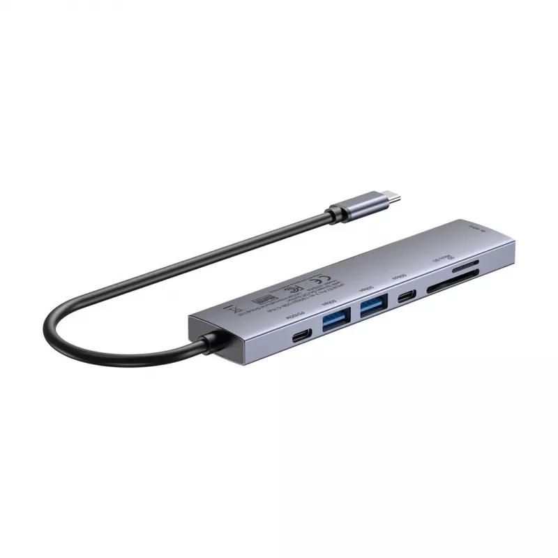 USB-C šakotuvas Unitek H1124AGY01 su 100W PD, HDMI 2.0, 2x USB‑A, 2x USB‑C, SD/microSD skaitytuvu — aliuminis