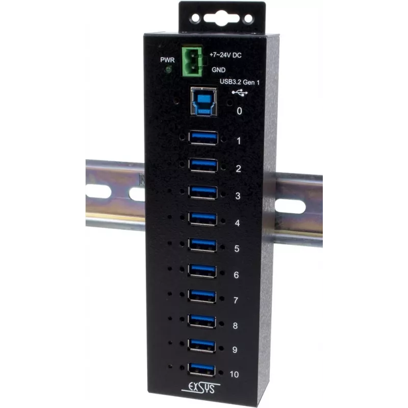 USB šakotuvas Exsys EX-1580SHMVS 10 prievadų valdomas su USB kabeliu ir DIN bėgelio montavimo rinkiniu