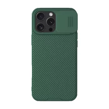 Apsauginis telefono dėklas Nillkin CamShield Pro, skirtas iPhone 16 Pro Max, žalias, slankiojantis kameros dangtelis, galinė ir šoninė apsauga