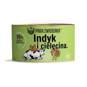 Šlapias kačių ėdalas PAKA ZWIERZAKA su kalakutiena ir veršiena 200 g, be grūdų, be cukraus, suaugusioms katėms