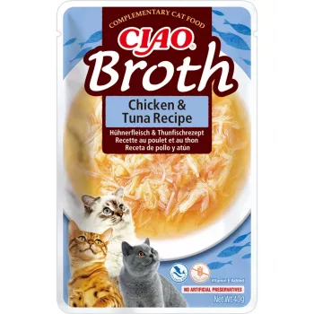 Šlapias kačių skanėstas INABA Ciao Broth vištienos ir tuno 40 g – mėsingas skystas užkandis paketėlyje, baltymų 9,4%, drėgmės 88%