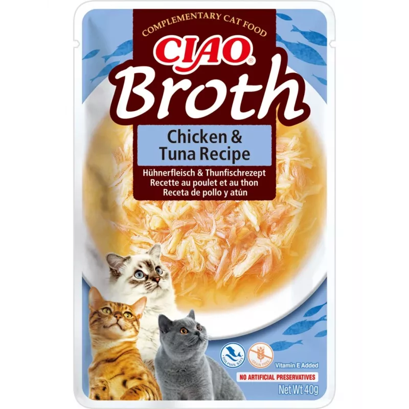 Šlapias kačių skanėstas INABA Ciao Broth vištienos ir tuno 40 g – mėsingas skystas užkandis paketėlyje, baltymų 9,4%, drėgmės 88%