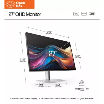 HP 727pq Series 7 Pro QHD monitorius - 27 2560x1440 QHD 400-nit 120Hz AG, IPS Juoda HDR 400, USB-C(15W)/HDMI/DisplayPort Daisy-Chain, 3x USB-A, aukščio reguliavimas/pakreipimas/pasukimas/pasukimas 90° kampu, 3