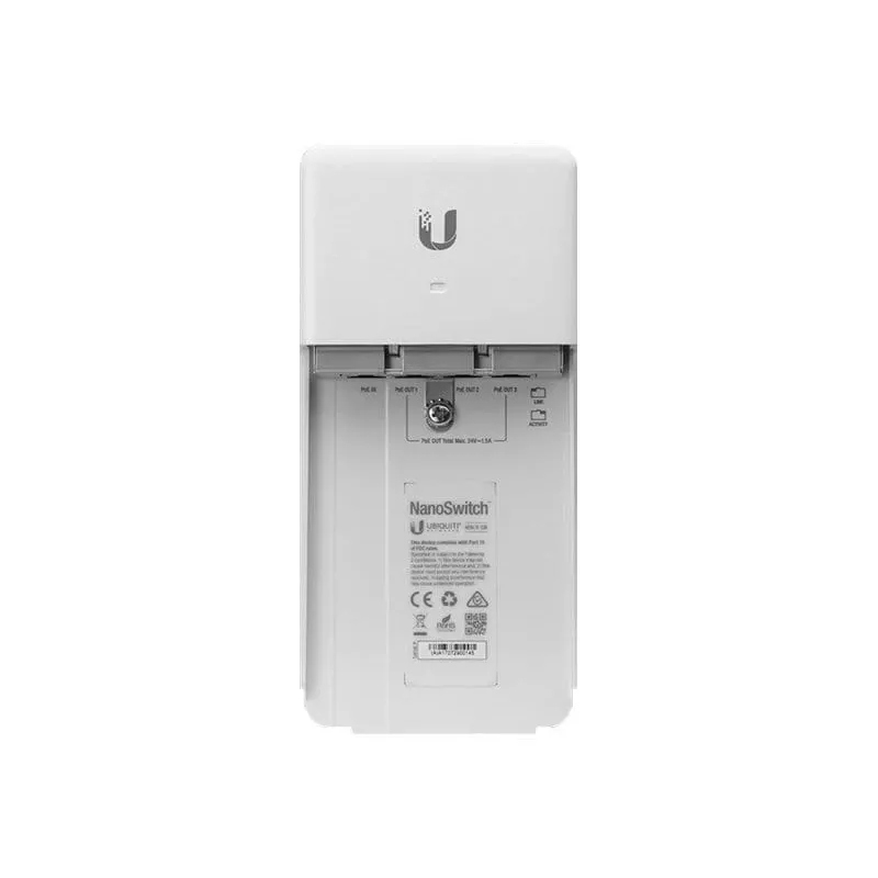 Switch UBIQUITI NanoSwitch Gigabit Ethernet PoE, 4x Gigabit RJ-45, 4x PoE prievadai, 36W biudžetas, 24V DC
