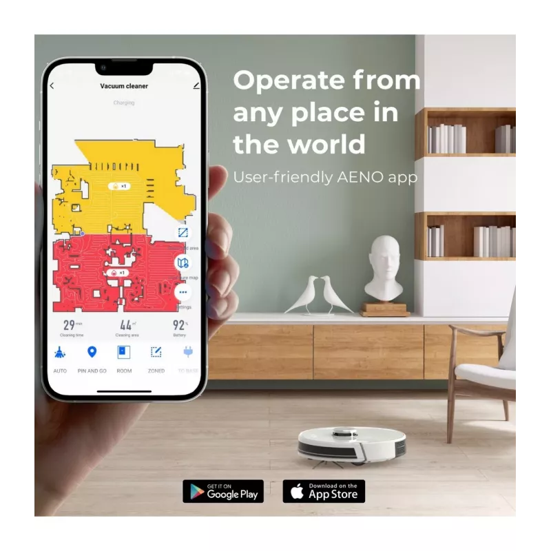 AENO Robot Vacuum Cleaner RC2S: šlapias ir sausas valymas, išmanus valdymas AENO programa, galingas japoniškas Nidec variklis, turbo režimas
