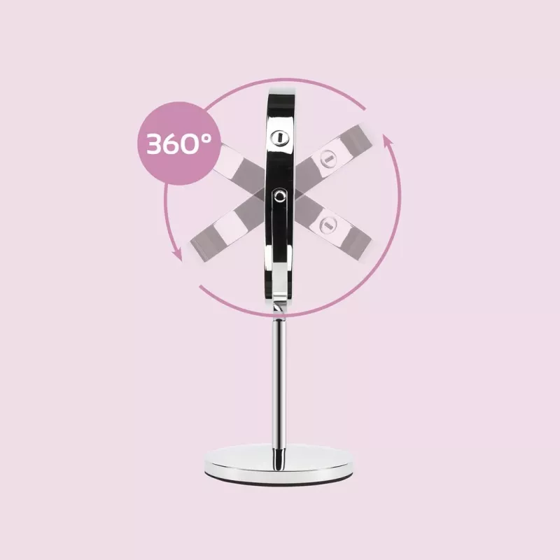 Laisvai pastatomas makiažo veidrodis Girmi BE02 — Apvalus, nerūdijantis plienas, LED lietiminis valdymas, 1x/3x didinimas, USB-C pakraunamas (1000 mAh)