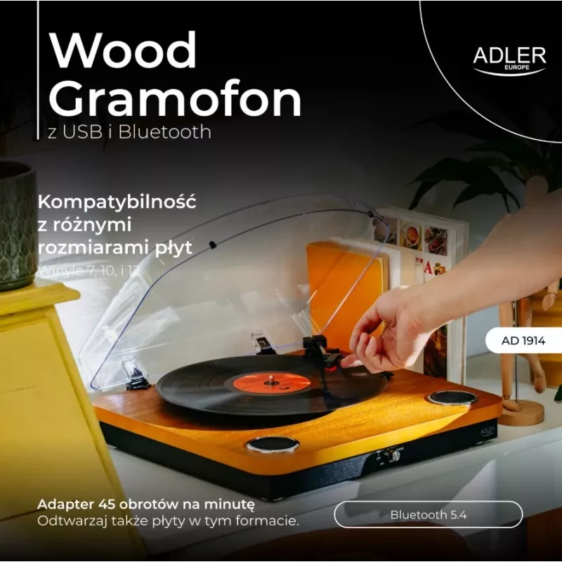 Analoginis diržinio paleidimo patefonas Adler AD 1914 su USB prievadu, keraminiu plokštelių padėklu, nuolatinės srovės varikliu, 33 1/3 aps./min., Bluetooth 5.4, RCA išėjimais, įmontuotais garsiakalbiais