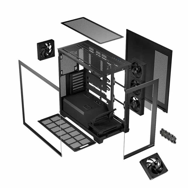 PC korpusas MODECOM Volcano Stellar 5F ATX Midi Tower, grūdintas stiklas, 5 iš anksto sumontuoti ventiliatoriai, USB‑C, palaiko microATX/ATX, maks. GPU 420 mm, CPU aušintuvo aukštis 175 mm