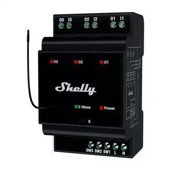 DIN bėgio išmanioji relė Shelly WavePro3 3 kanalų Z-Wave, 110–240 V, 25 A kanalui, AES-128, DIN montavimas