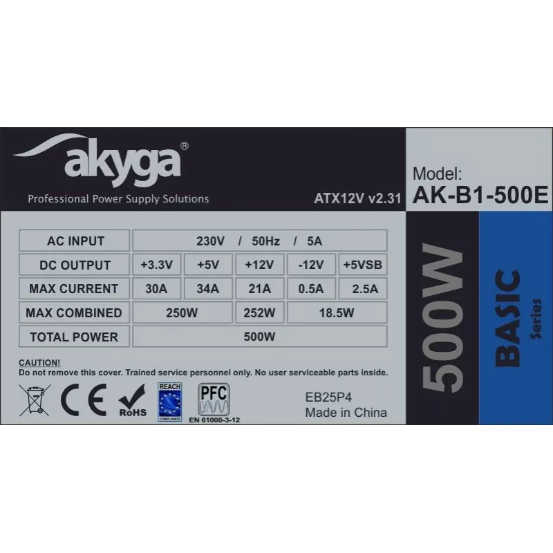 ATX maitinimo blokas Akyga AK-B1-500E 500 W, 120 mm ventiliatorius, 20+4 kontaktų ATX, 3× SATA, pasyvus PFC