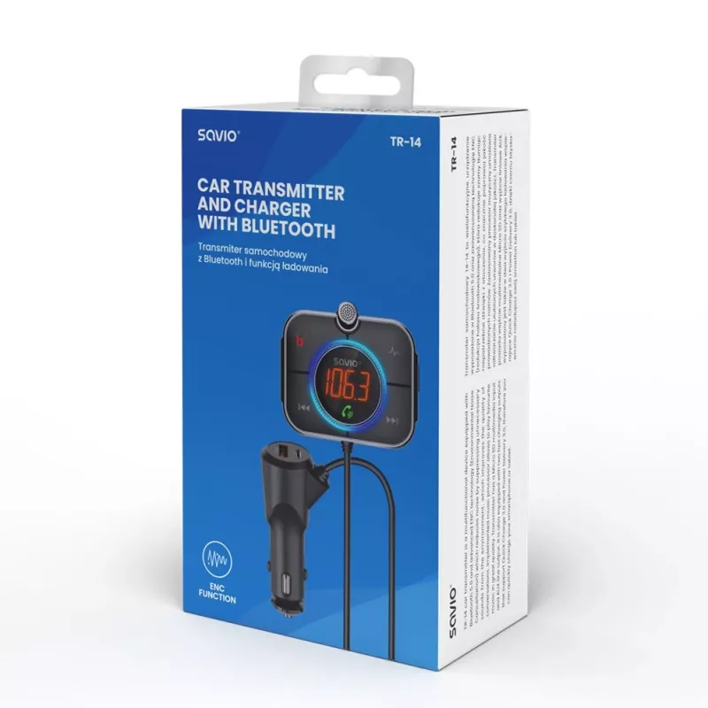 FM siųstuvas SAVIO TR-14 Bluetooth USB, FM 87,6–107,9 MHz, MicroSD, USB-C, 12 V automobilio maitinimas