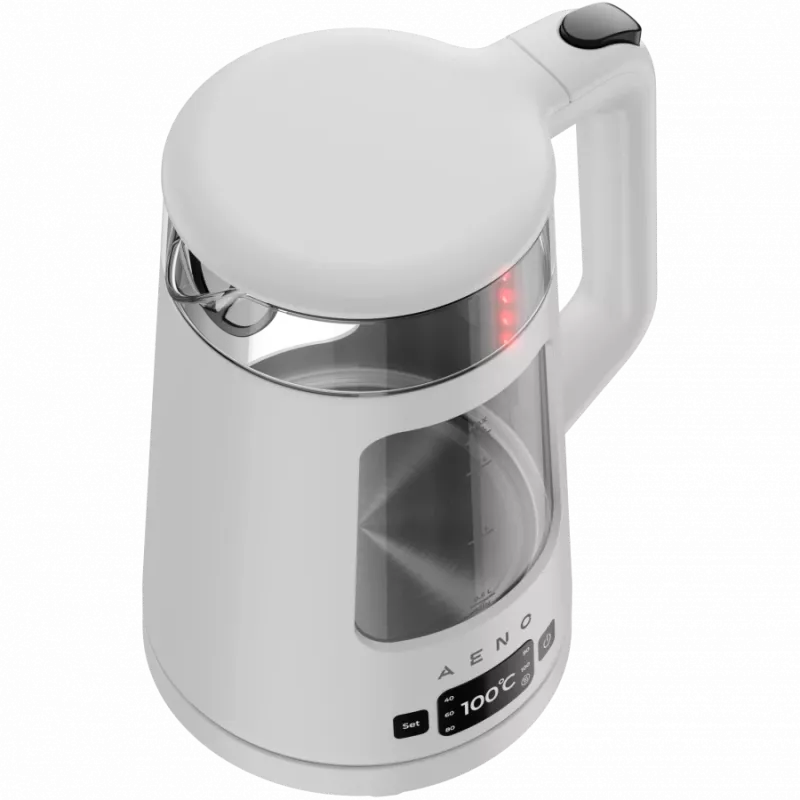 AENO elektrinis virdulys EK6: 1850-2200W, 2L, Strix, kvadratinis korpusas, permatomas dangtelis, itin tvirtas stiklas, LED apšvietimas, automatinis išsijungimas, apsauga nuo perdegimo