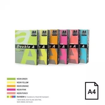 Spalvotas neoninis popierius Double A, 75 g, A4, 500 lapų, Rainbow 4, 5 neoninės spalvos