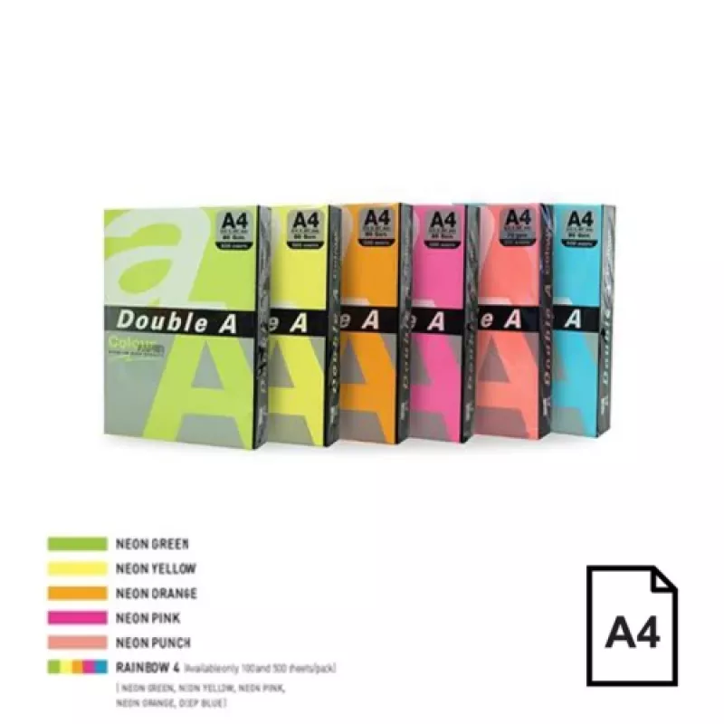 Spalvotas neoninis popierius Double A, 75 g, A4, 500 lapų, Rainbow 4, 5 neoninės spalvos