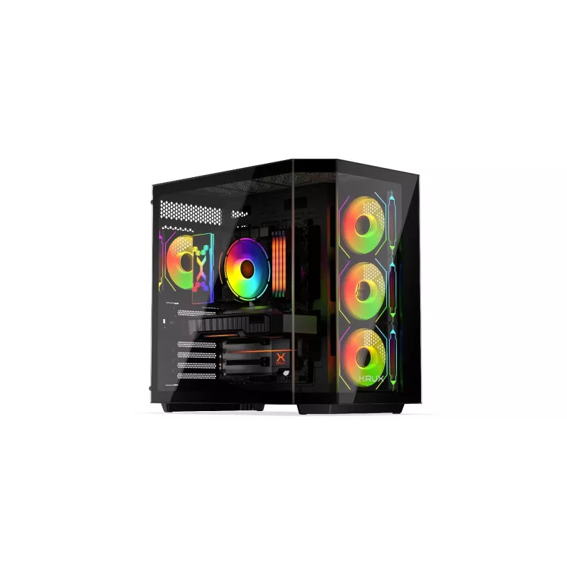 Kompiuterio korpuso bokštas KRUX Empero KRXD010, ATX, juodas – palaiko vaizdo plokštes iki 420 mm, CPU aušintuvus iki 155 mm, 2× 3,5 colio + 3× 2,5 colio lizdai