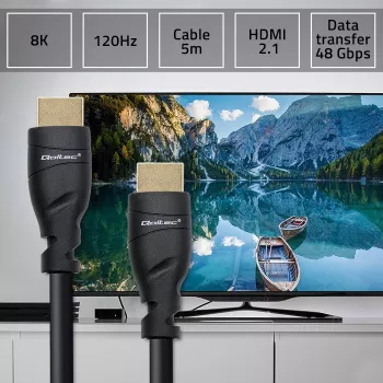 HDMI 2.1 laidas QOLTEC 5 m — 48 Gbit/s, 8K@60Hz, 26AWG, paauksuotos jungtys