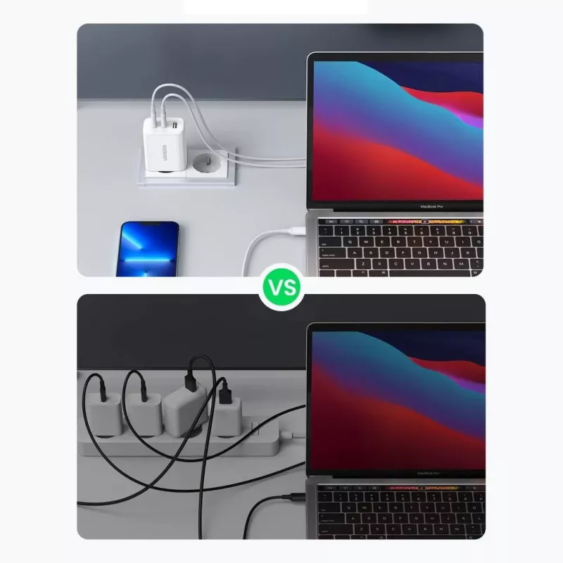 Sieninis įkroviklis UGREEN CD275 2× USB Type-C 65W Baltas — dvigubas USB-C 65W greitas įkrovimas, 100–240V įvestis