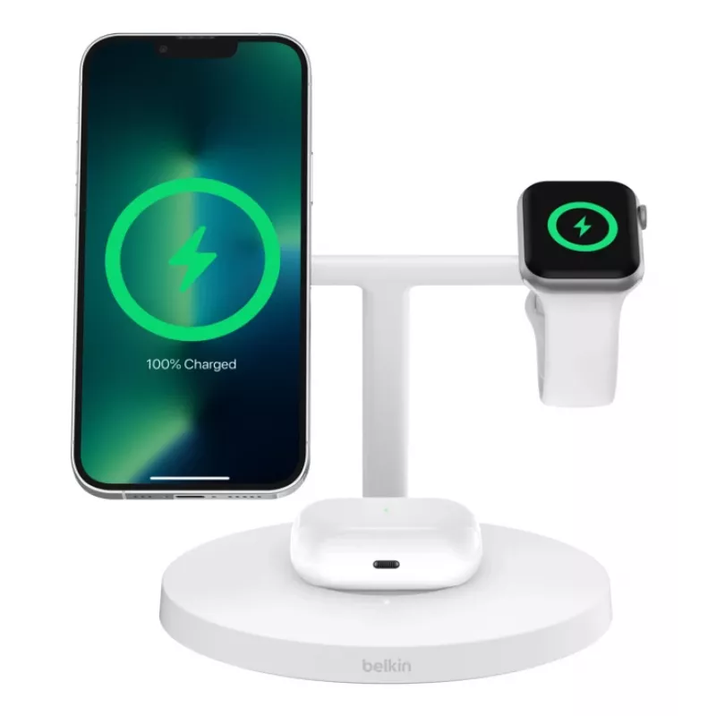 Belkin BoostCharge Pro 3-in-1 belaidė įkrovimo stotelė ausinėms, išmaniajam telefonui, išmaniajam laikrodžiui, balta, USB, belaidis įkrovimas, greitasis įkrovimas, vidaus naudojimui
