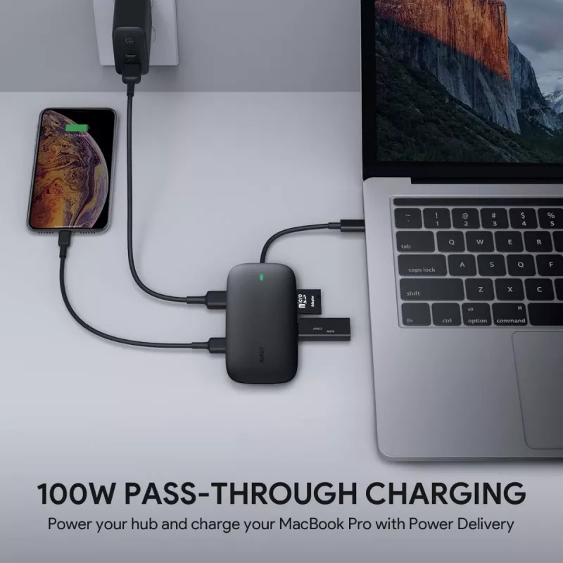 Nešiojamojo kompiuterio dokas AUKEY CB-C71 — 3x USB‑C (USB 3.2 Gen1), HDMI, RJ‑45, MicroSD, USB PD 100 W, 0,15 m kabelis, juodas