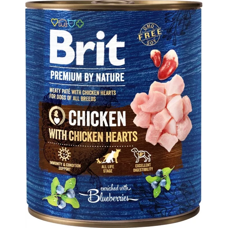 Šlapias šunų ėdalas Brit Premium by Nature vištiena ir širdelės 800 g skardinė — suaugusiems šunims, 78 % drėgmės, 8 % baltymų, 6 % riebalų