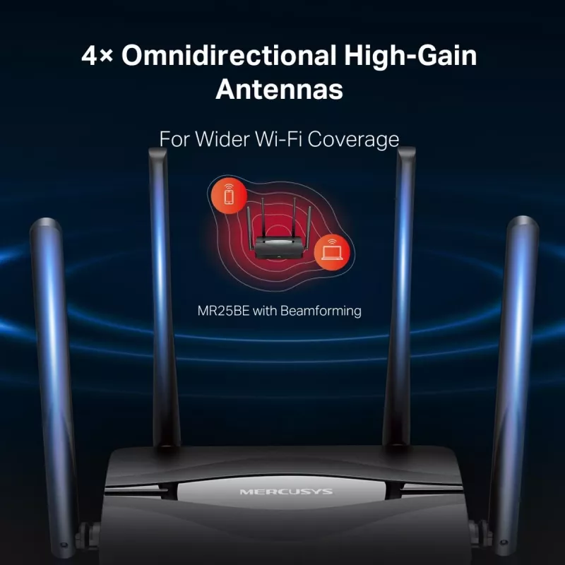Stalinis maršrutizatorius MERCUSYS MR25BE EasyMesh Wi‑Fi 7 dviejų juostų 2,4/5 GHz, 3600 Mbps, 3× Gigabit LAN, 4 išorinės antenos