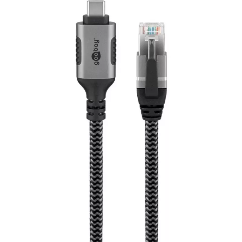 Ethernet laidas USB-C 3.2 Gen2 kištukas > RJ-45 kištukas, LAN adapteris juodas/sidabrinis, 3 metrai, pintas medžiaginis apvalkalas