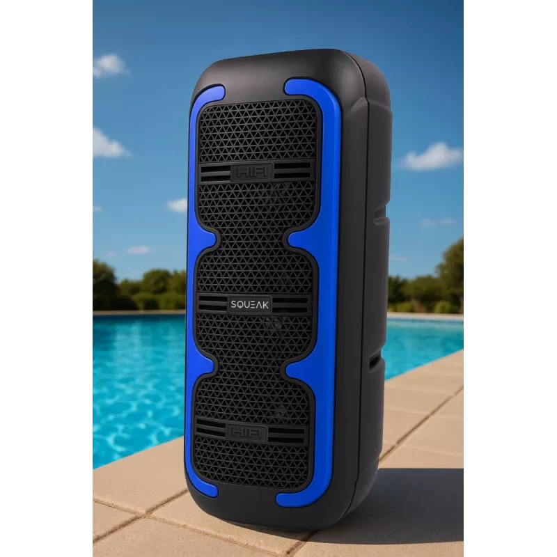 Nešiojamas stereofoninis garsiakalbis SQUEAK SQ1009 — Bluetooth 5.3, 45 W RMS, 10 val. baterija, FM, USB, AUX, LED, 1800 mAh, juodas