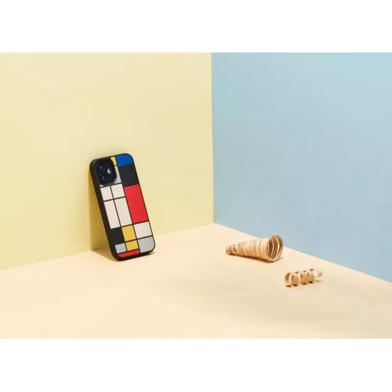 Telefono dėklas Man and Wood, skirtas iPhone 12 mini — medinė nugarėlė, juodas rėmelis