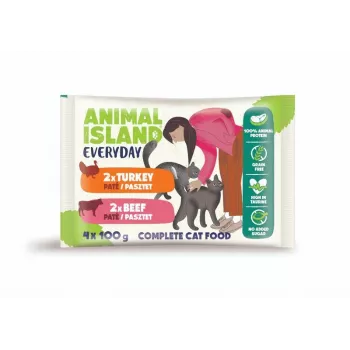 ANIMAL ISLAND jautienos/kalakutienos kačių ėdalo pakeliai 4x100g