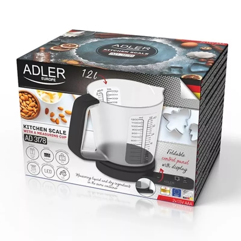 Virtuvinės svarstyklės Adler AD 3178 su matavimo puodeliu, maks. talpa 5 kg, tikslumas 1 g, juodos