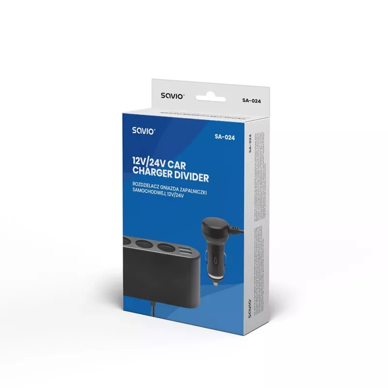 Automobilinis USB įkroviklis SAVIO SA-024 — universalus mobiliesiems įrenginiams, įėjimas 12–24 V, išėjimas 5 V, juodas, skirtas cigarečių uždegimo lizdui