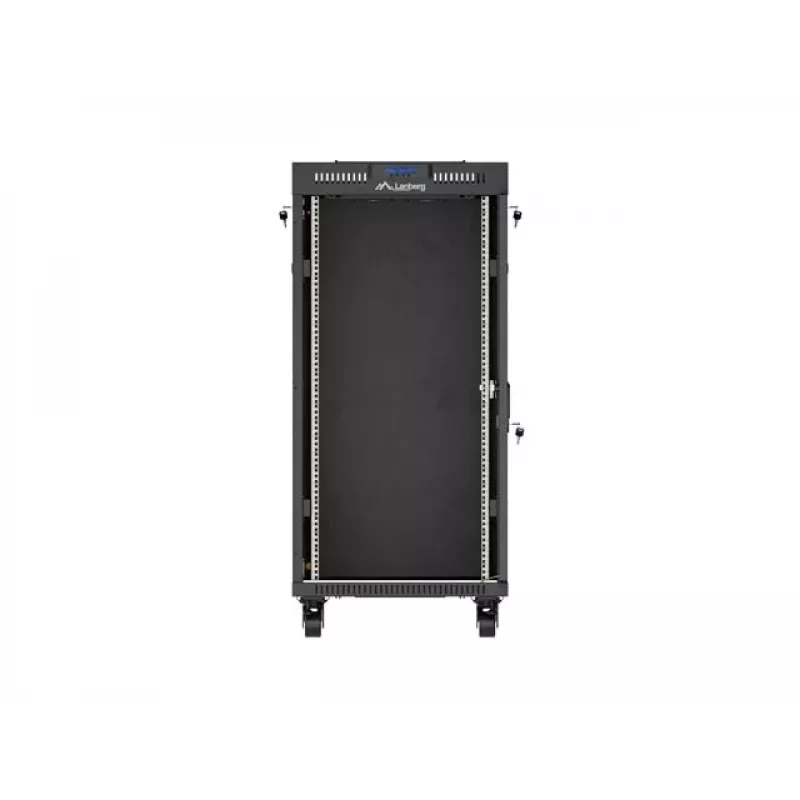 Stovintis 19 colių 24U montavimo spinta LANBERG 600x800 mm juoda su stiklinėmis durelėmis ir LCD išpjova (plokščia pakuotė) v2