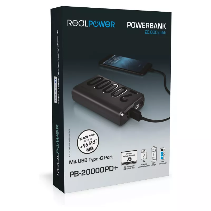Išorinė baterija RealPower PB-20000 PD juoda (323369)