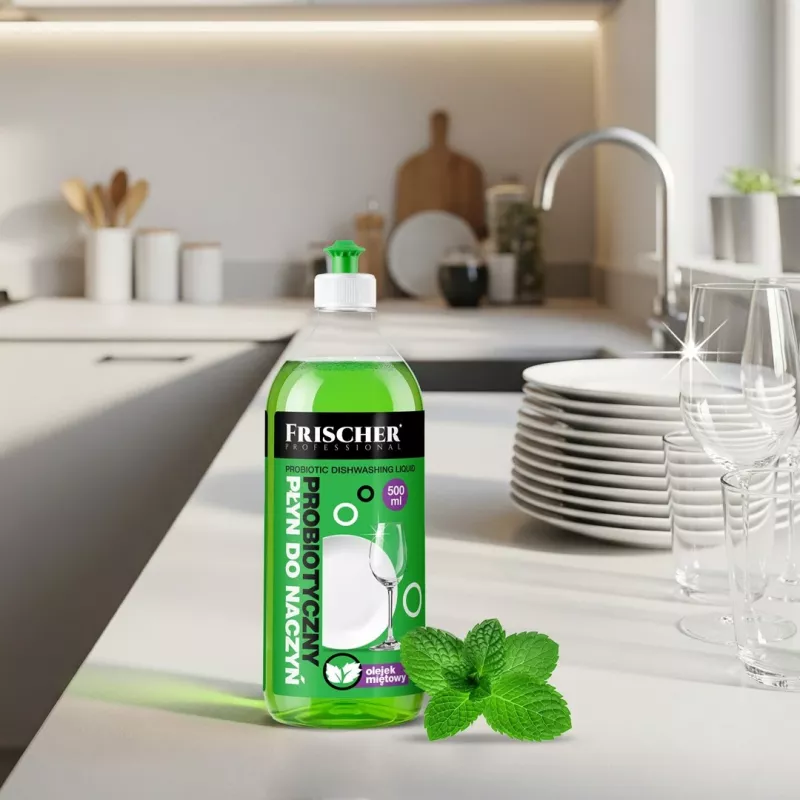 Indų plovimo skystis FRISCHER 500 ml — koncentruotas virtuvės ploviklis rankiniam indų plovimui