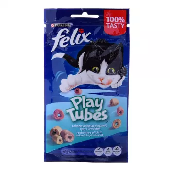 Sausas kačių skanėstas Felix Play Tubes Fish & Shrimps 50 g — užkandžių lazdelės suaugusioms katėms, 35% baltymų, 19,5% riebalų