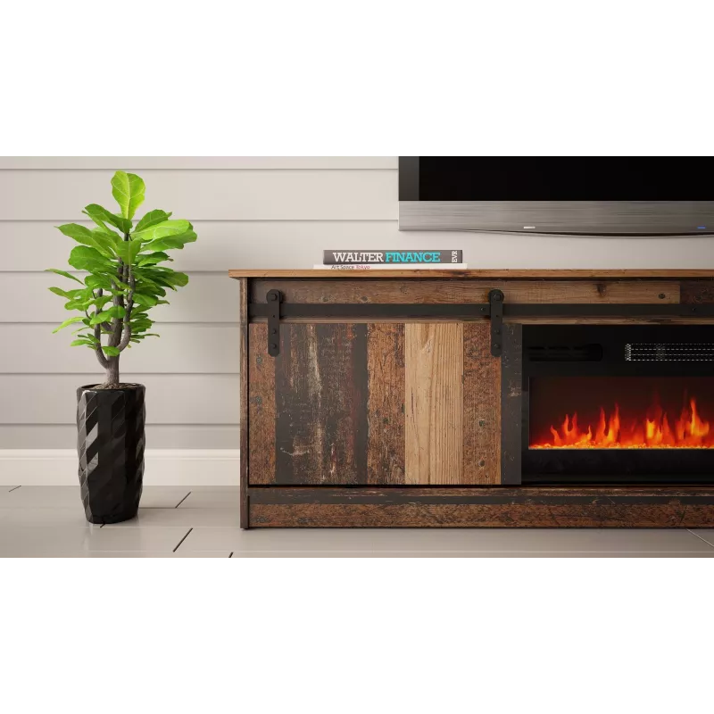 TV spintelė Cama Meble GRANERO su židinio spintele, 2000×567×350 mm, medžio drožlių plokštė / MDF, 2 stumdomos durys, sendinto medžio imitacijos matinis