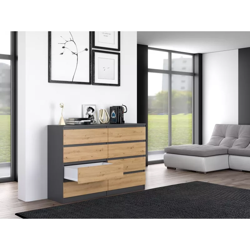 Komoda top e shop M8 140 ANT/ART — 8 stalčiai, antracito/ąžuolo, 1380×400×970 mm, medžio drožlių plokštė