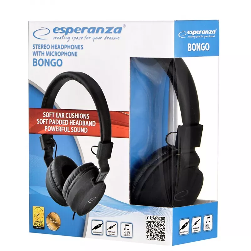 Ausinės ESPERANZA BONGO EH212K — laidinės, ant galvos, 20–20000 Hz, 1,5 m laidas, juodos
