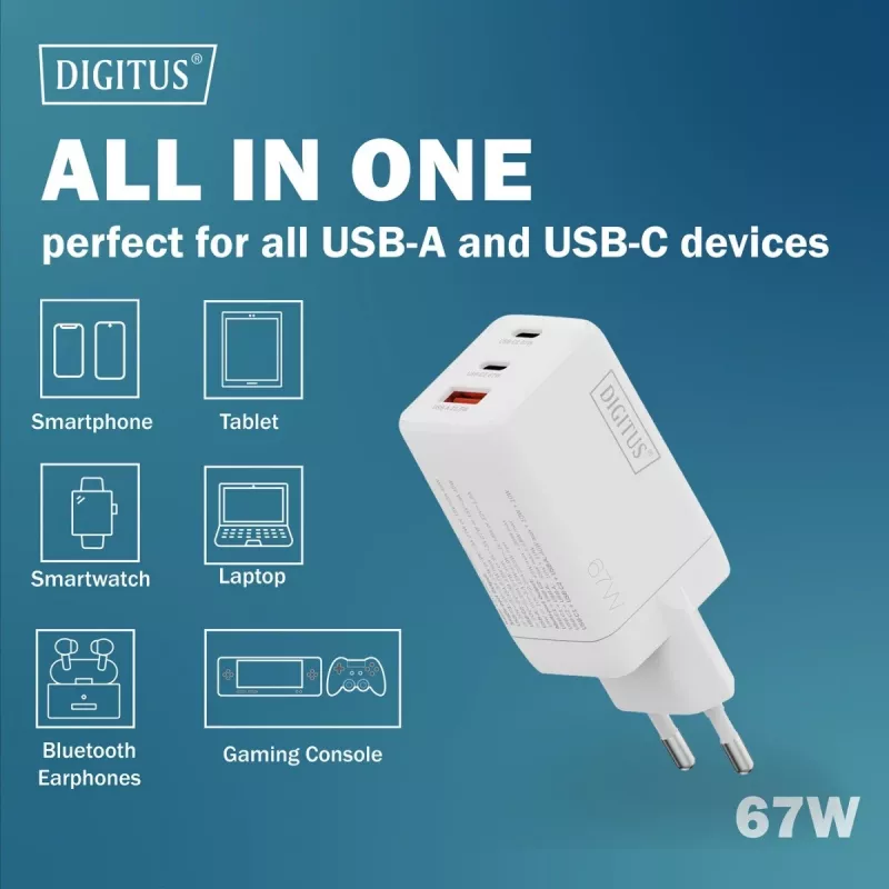 Sieninis įkroviklis DIGITUS DA-10303 67W GaN, 2× USB-C + 1× USB-A, 100–240V, baltas