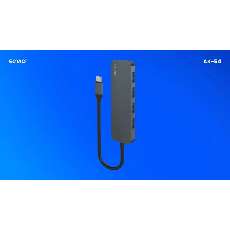 USB šakotuvas SAVIO AK-54 — 4 x USB-A (USB 3.2 Gen 1), USB-C pagrindinis, juodas