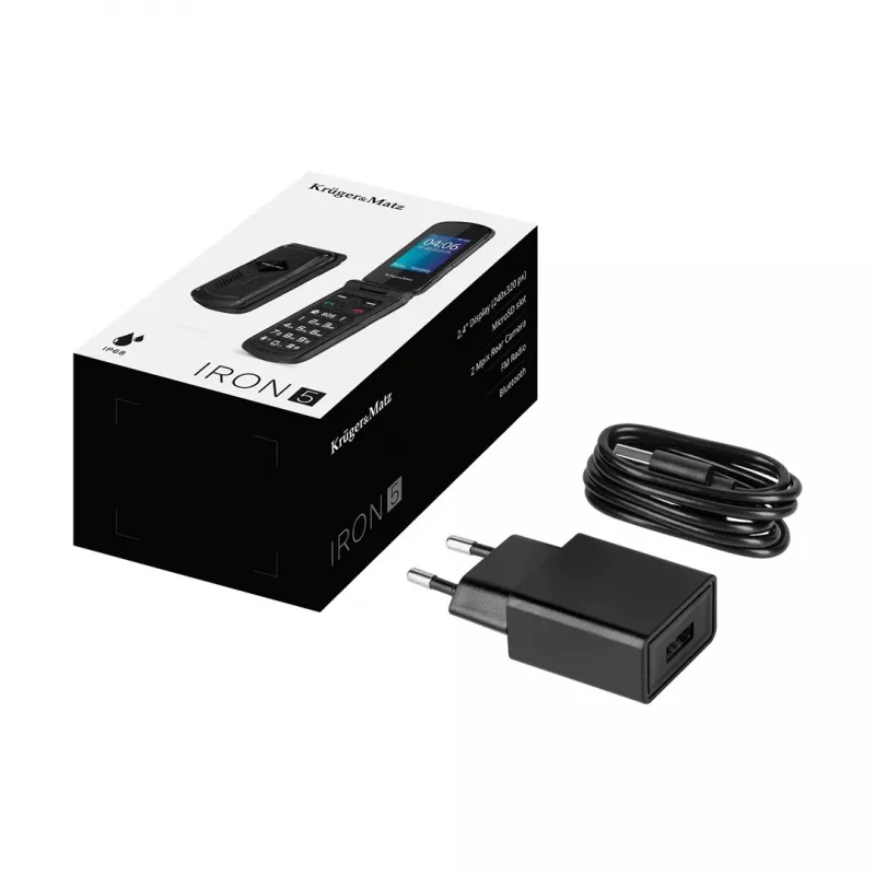 Atverčiamasis telefonas Kruger & Matz Iron 5 Flip KM0466 — Dual SIM, 2,4 colio ekranas, IP68/IP69K, 1200 mAh