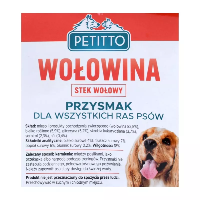 Šunų skanėstai PETITTO Beef Steaks 500 g — jautienos skonio natūralūs skanėstai, 41% baltymų, 7% riebalų, be konservantų ir be glitimo