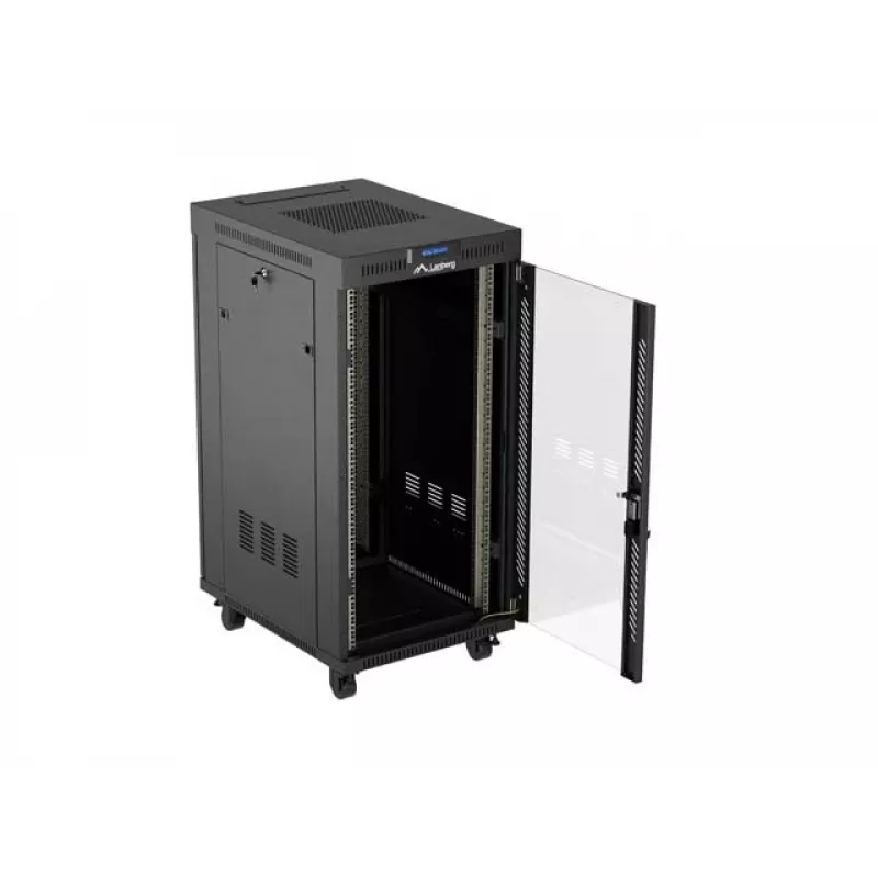 Stovintis 19 colių 24U montavimo spinta LANBERG 600x800 mm juoda su stiklinėmis durelėmis ir LCD išpjova (plokščia pakuotė) v2