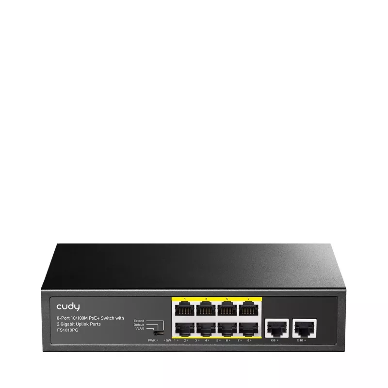 Tinklo jungiklis Cudy FS1010PG — 10/100 Mbps, 8 PoE prievadai, 2 aukštyn, 120 W PoE biudžetas, metalinis korpusas